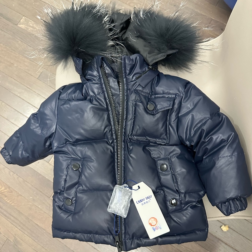Baby Down Coat with Fur Navy